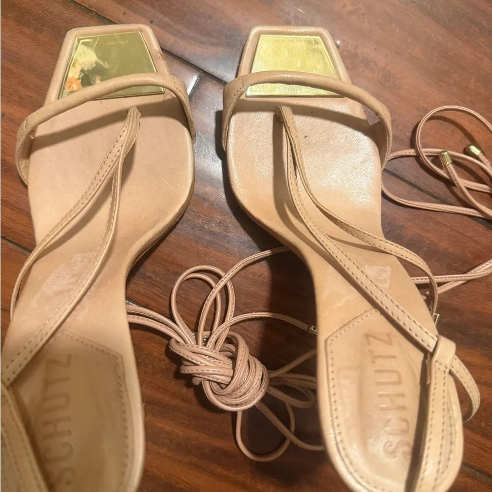 SCHUTZ Tan Lace-Up Stiletto Sandals with Wrap Ankle Ties‎